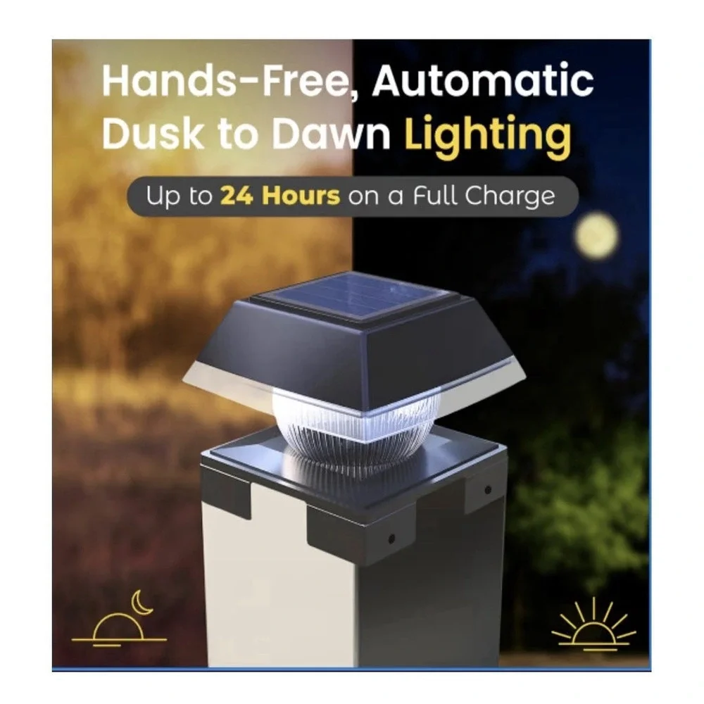 BRIGHTICONIC Solar Post Cap LED Light 2 Pack Black 120 Lumen Dual Mode IP65 New